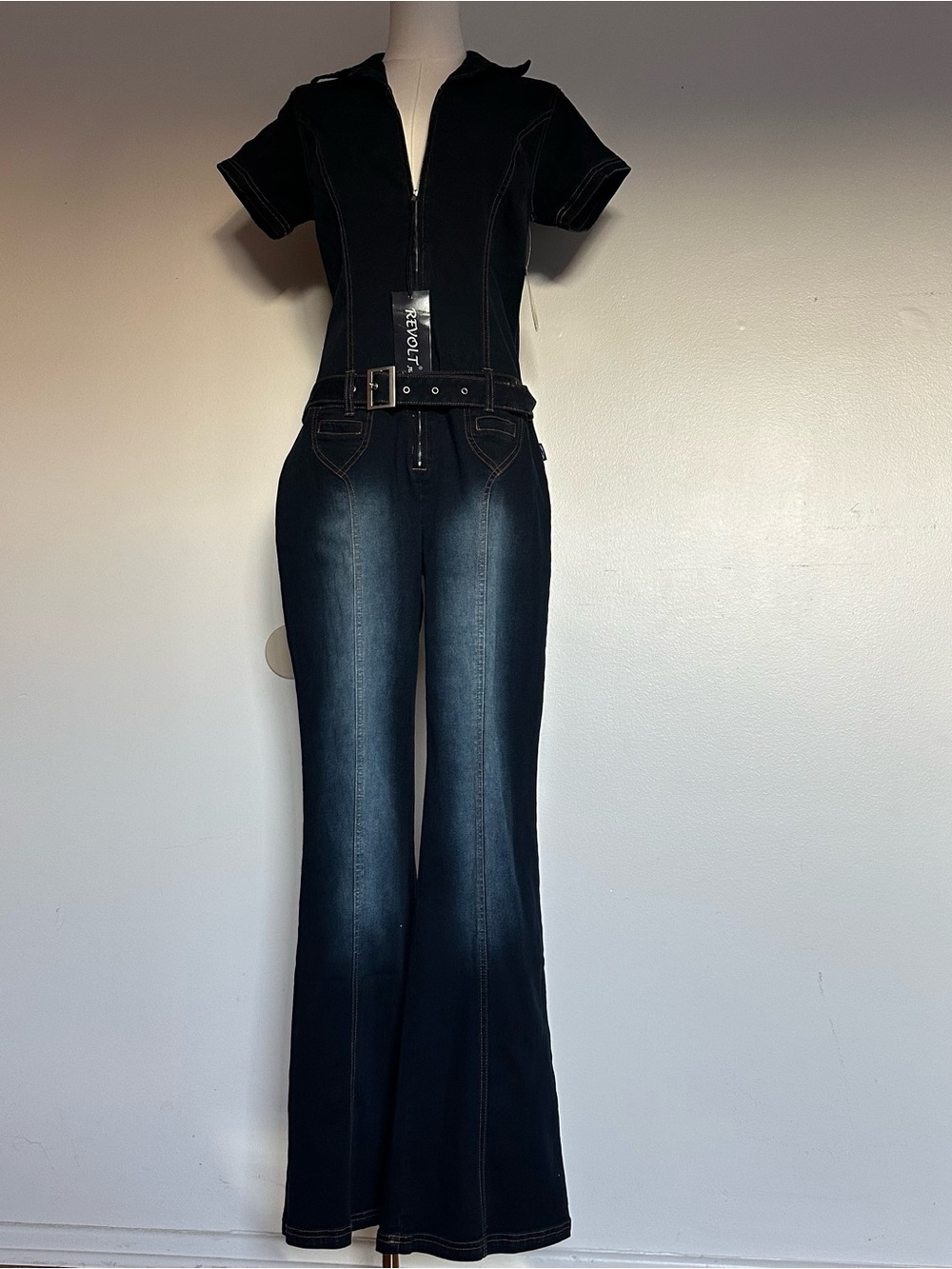 VTG NWT Y2K Revolt Jeans Co Denim Jumpsuit Rinse Blue Zip Belted Flare 156309 L